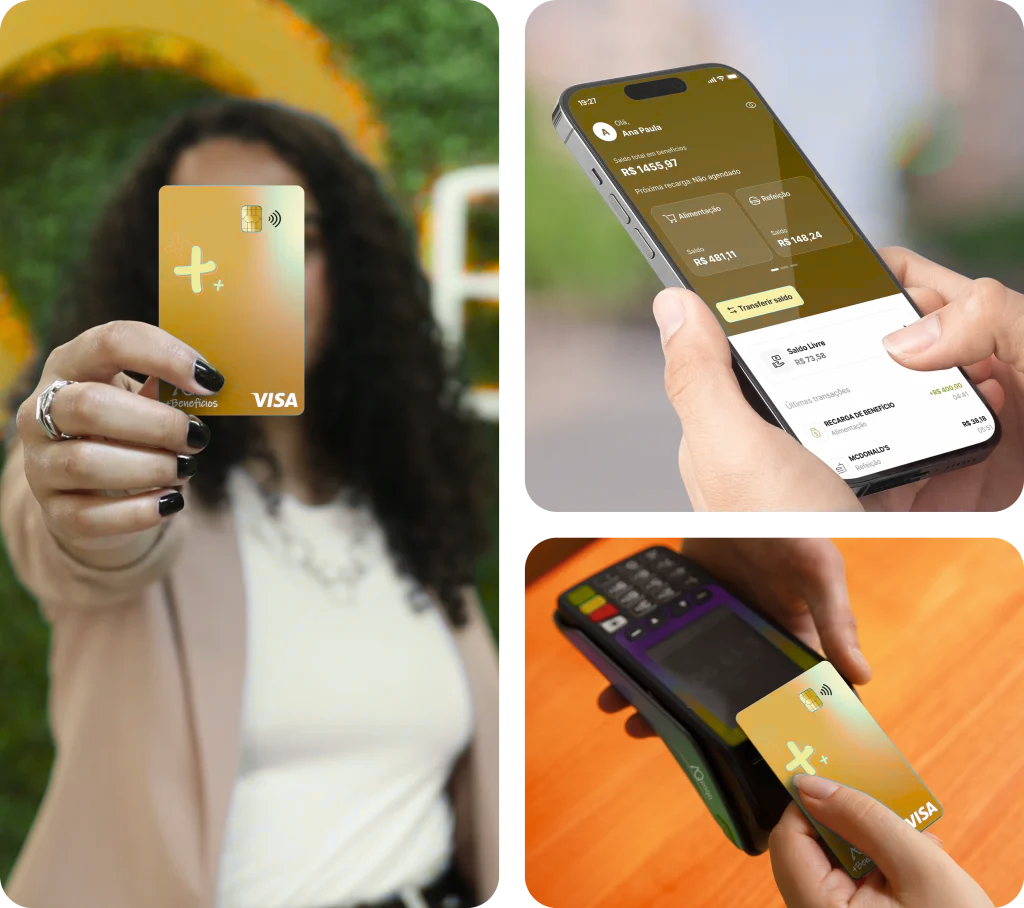 Mulher segurando um cartão de multibeneficios da RedFinance